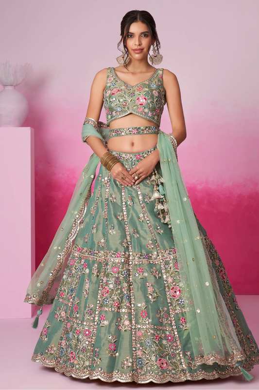 Olive Green heavy lehenga choli front full view