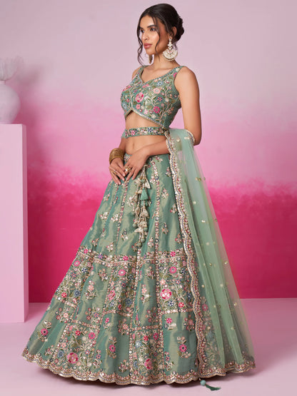 Heavy lehenga choli with dupatta drape side profile