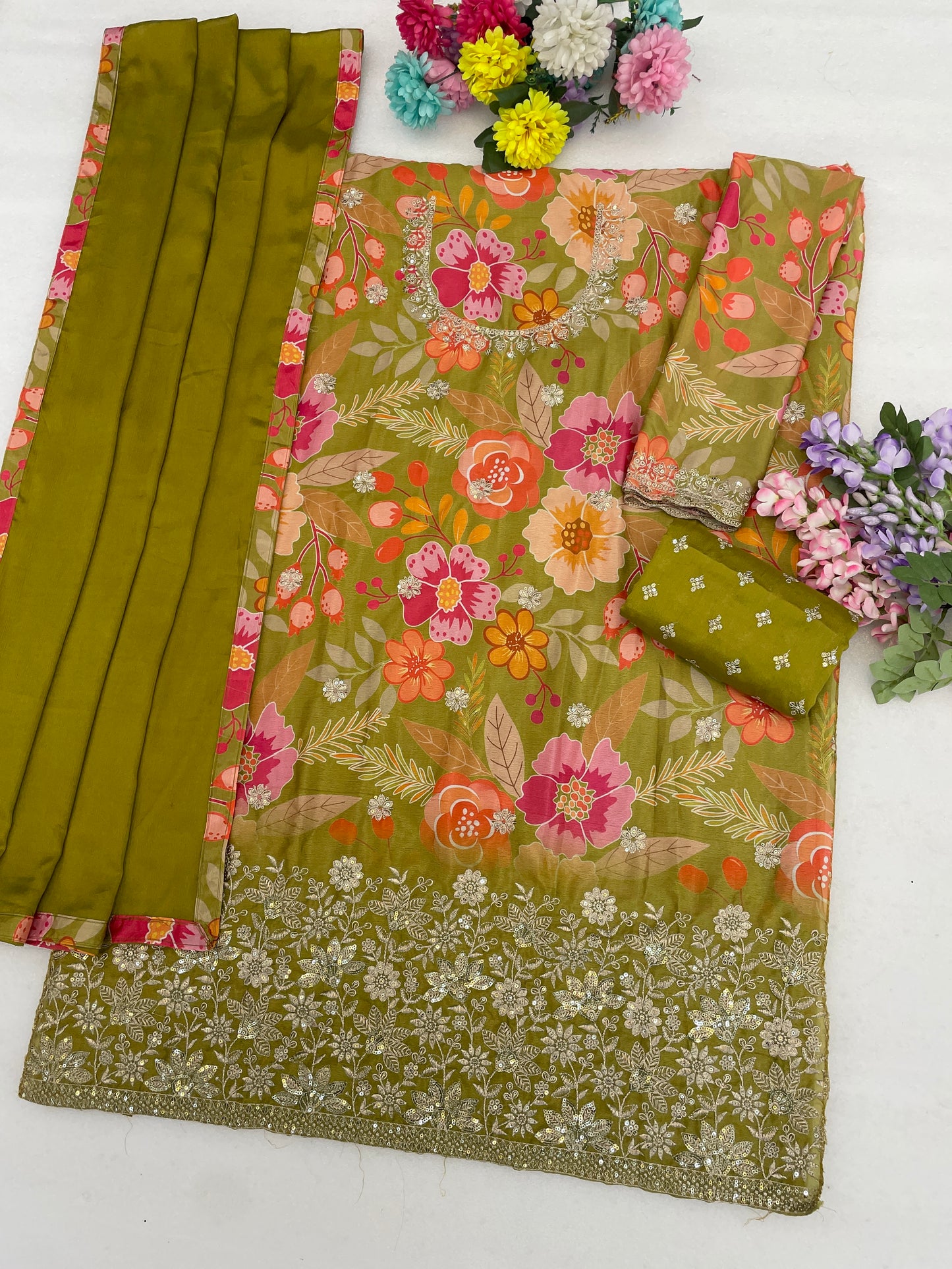 Digital print detail on olive green sharara dress