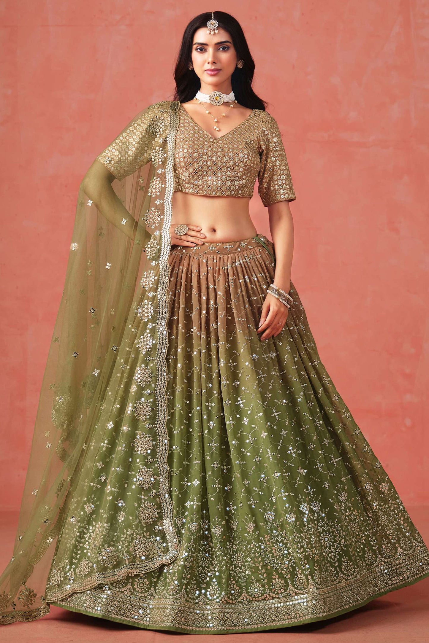 Olive green lehenga choli front view with sequins embroidery