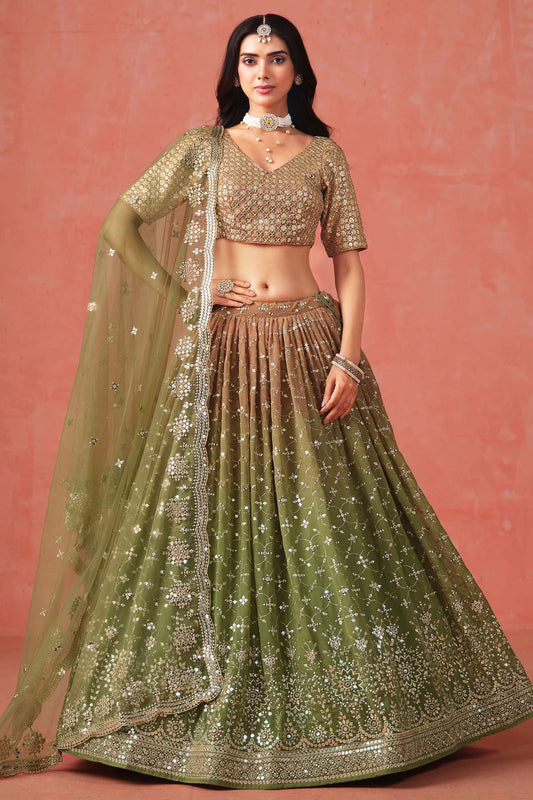 Olive green lehenga choli front view with sequins embroidery