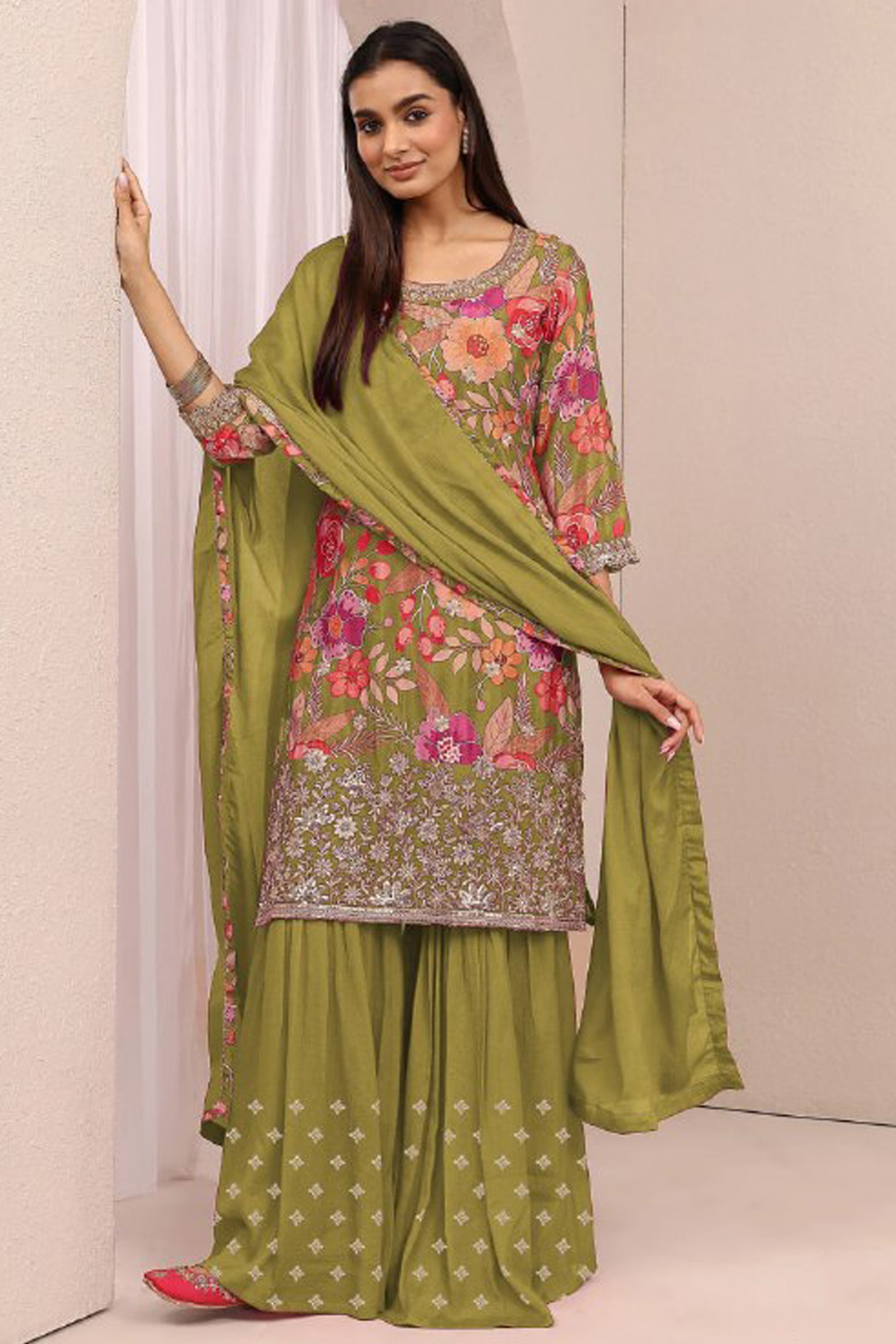 Olive green Pakistani sharara suit front view