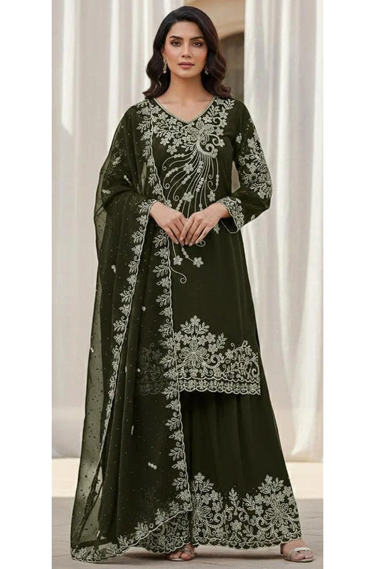 Olive Green Palazzo Suit with Embroidery & Zarkan Work