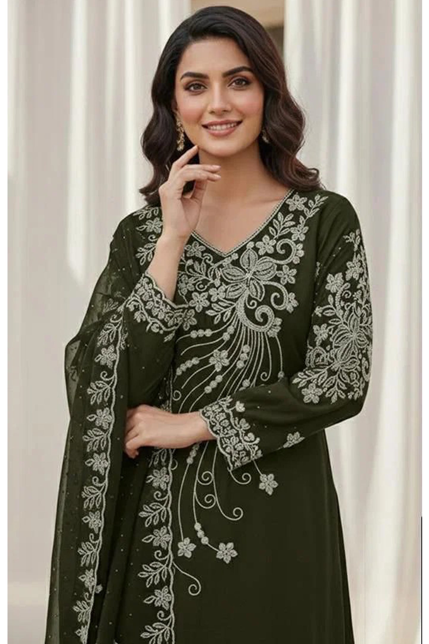 Olive Green Palazzo Suit in Heavy Georgette for reception wear