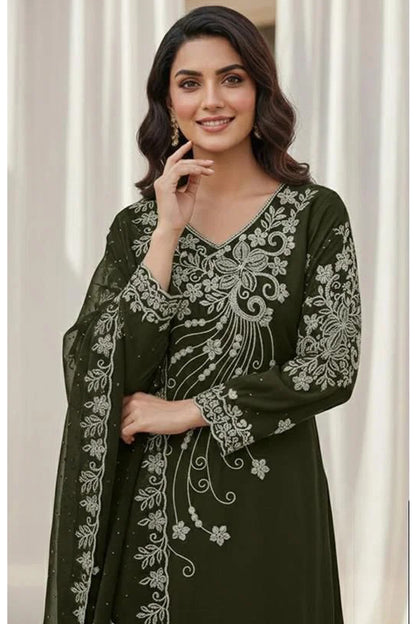 Olive Green Palazzo Suit in Heavy Georgette for reception wear