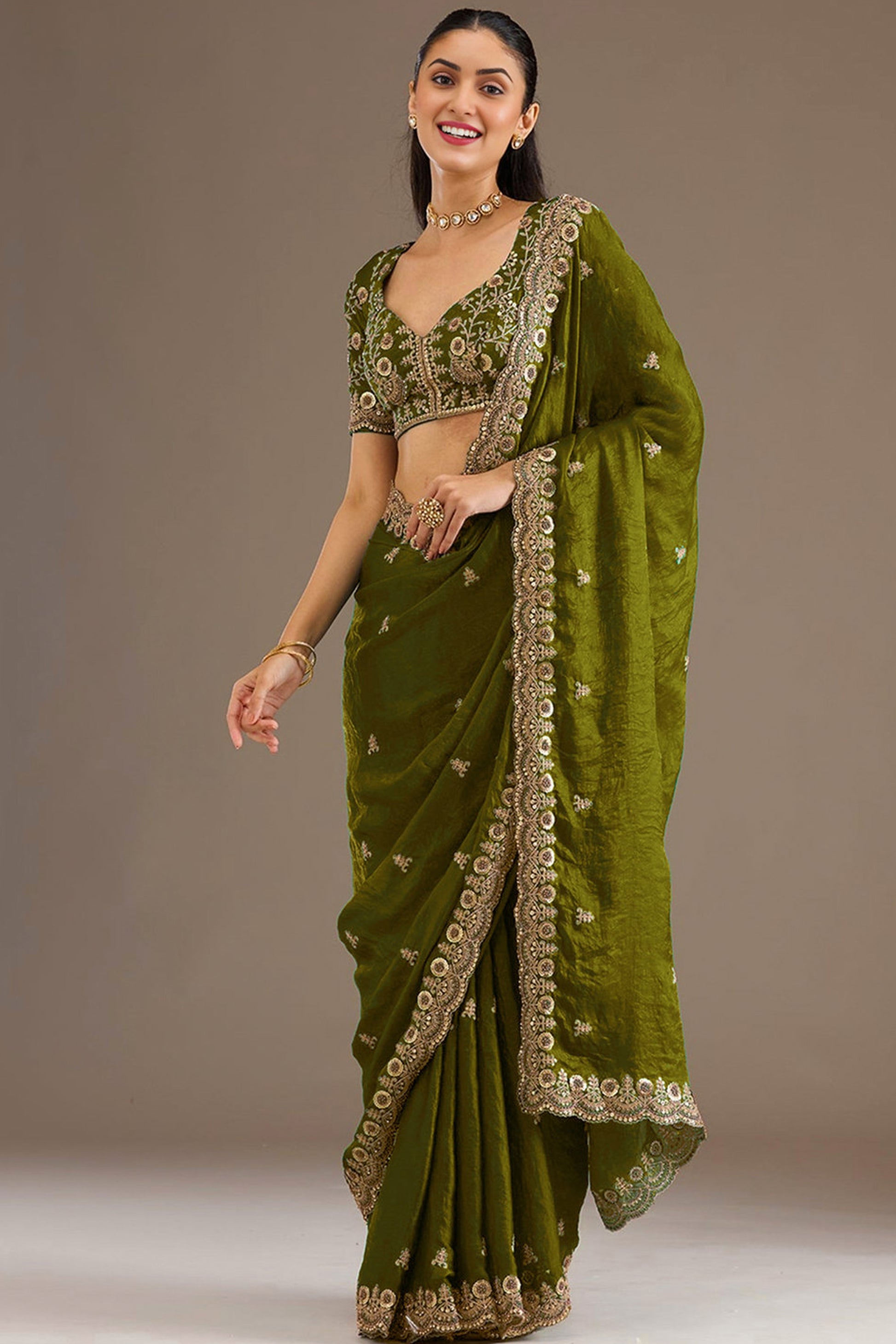 Olive Green Saree paired with Saree Blouses For Women