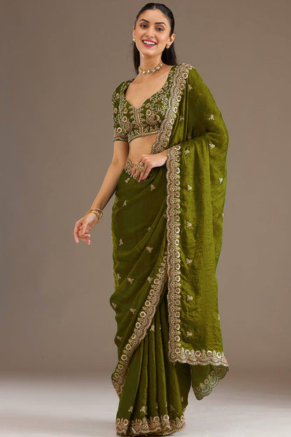 Olive Green Saree paired with Saree Blouses For Women