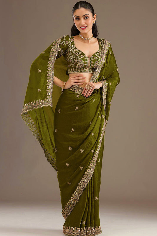 Olive Green Saree with Heavy Zari And Embroidery detail