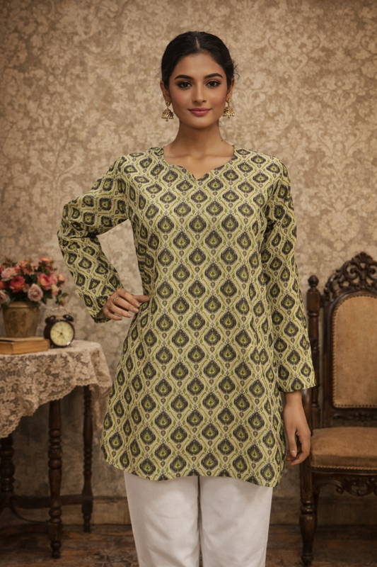 olive green tunic with ivory floral digital print front view