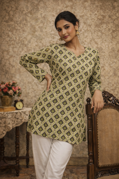 relaxed weekend outfit with olive green tunic top