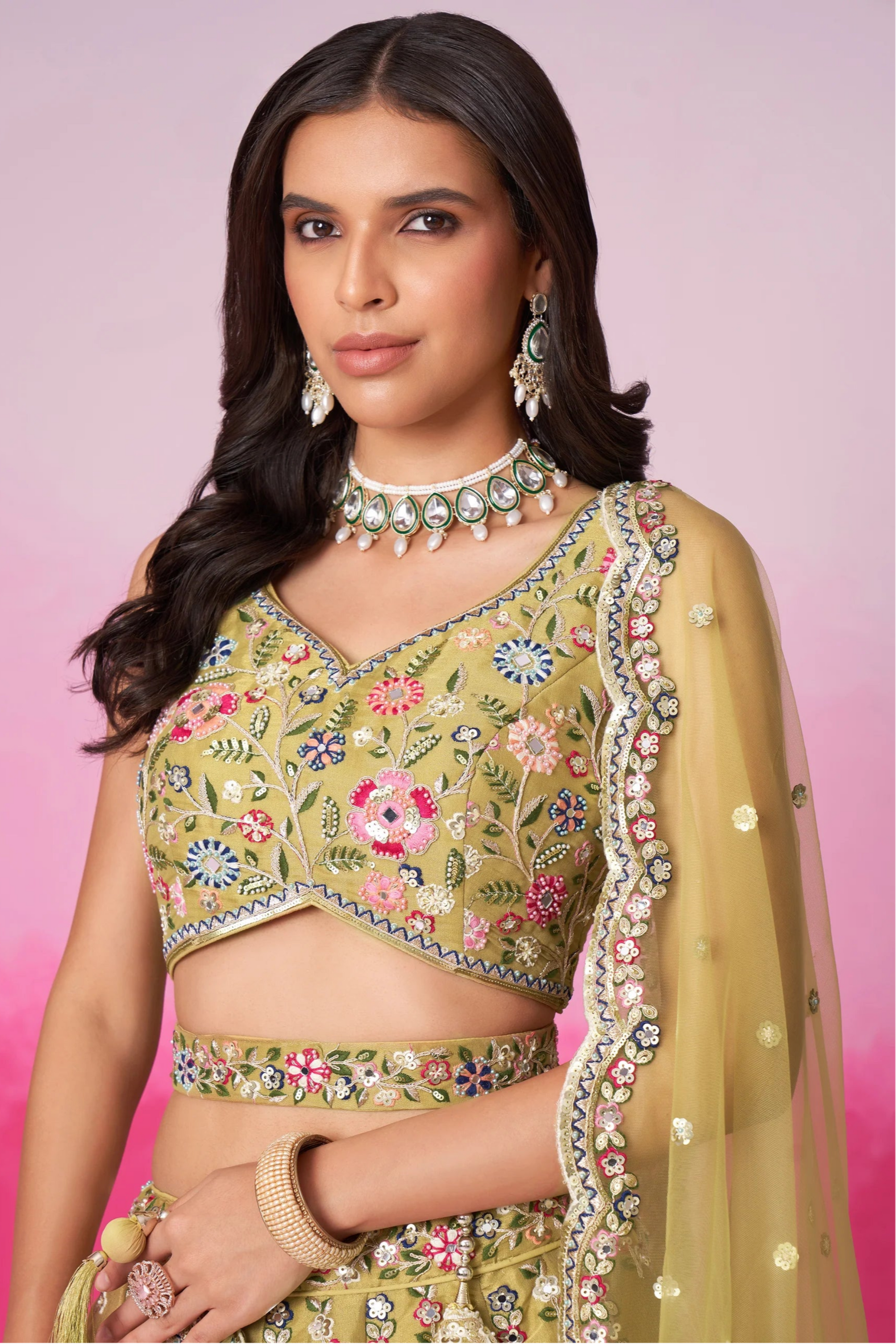 Silk olive lehenga choli with thread and sequins detail