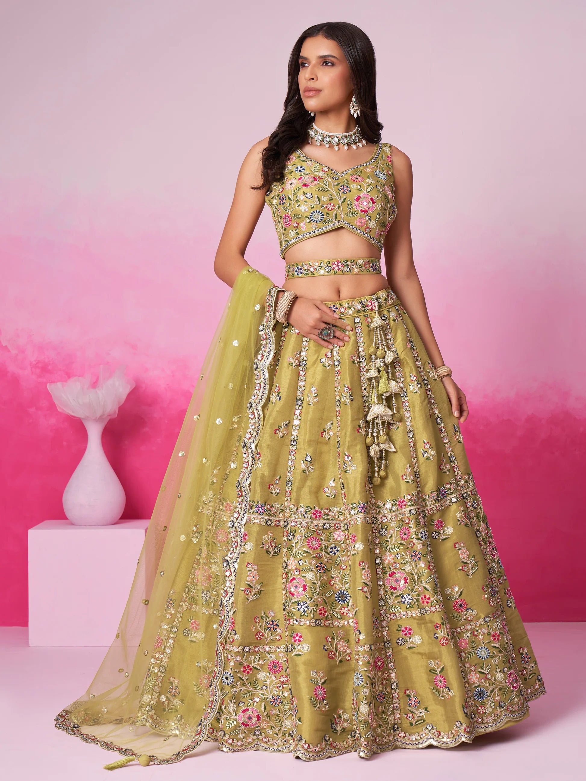 Olive lehenga choli styled for wedding guest look USA