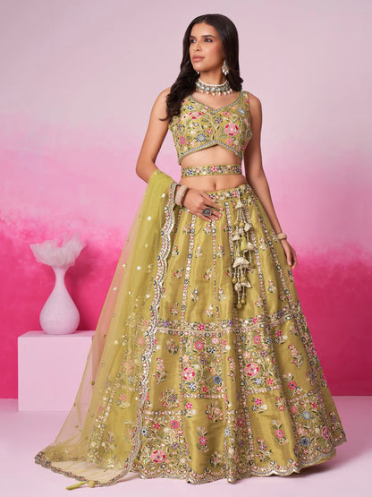 Olive lehenga choli styled for wedding guest look USA