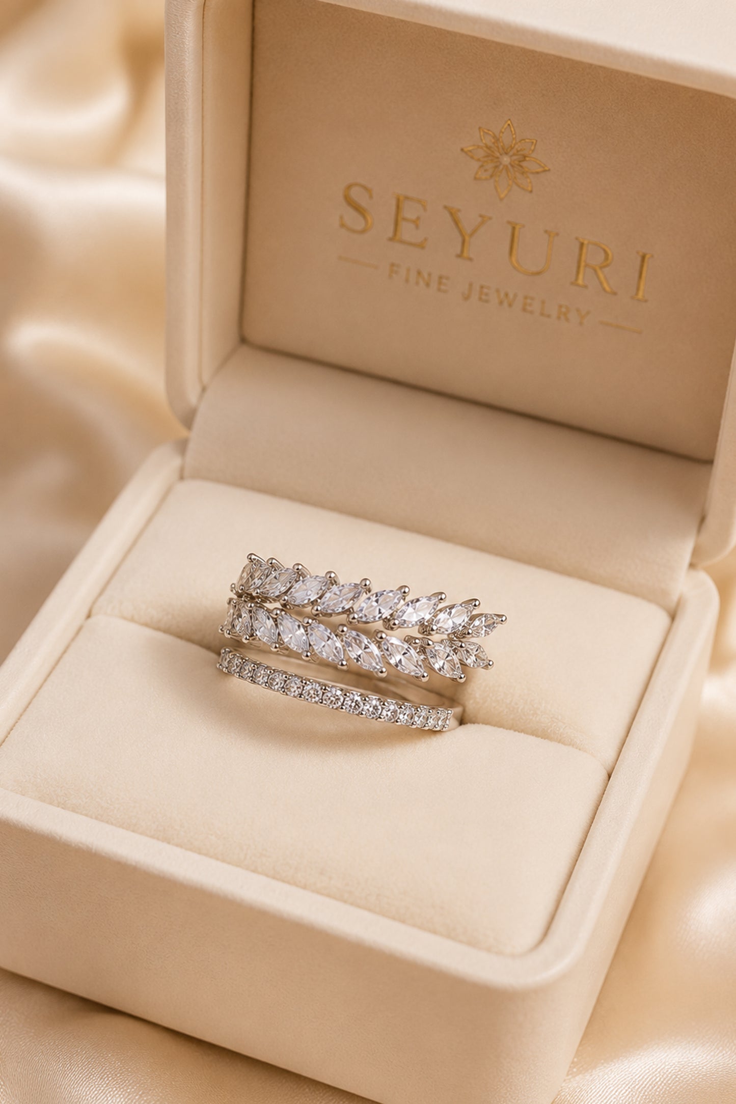 fashion ring displayed inside luxury jewelry box