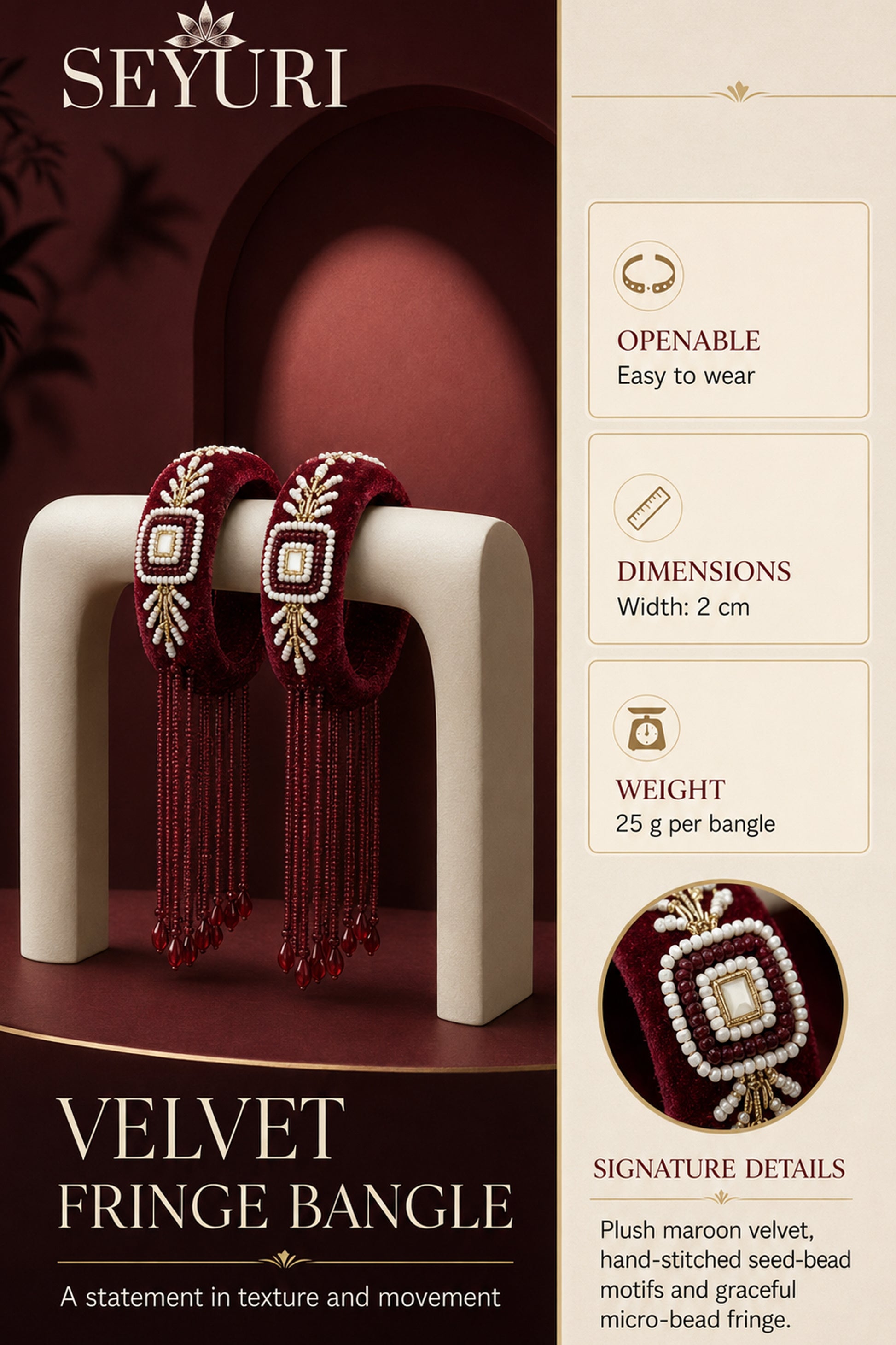 Maroon fashion bangles arranged across softly folded ivory silk
