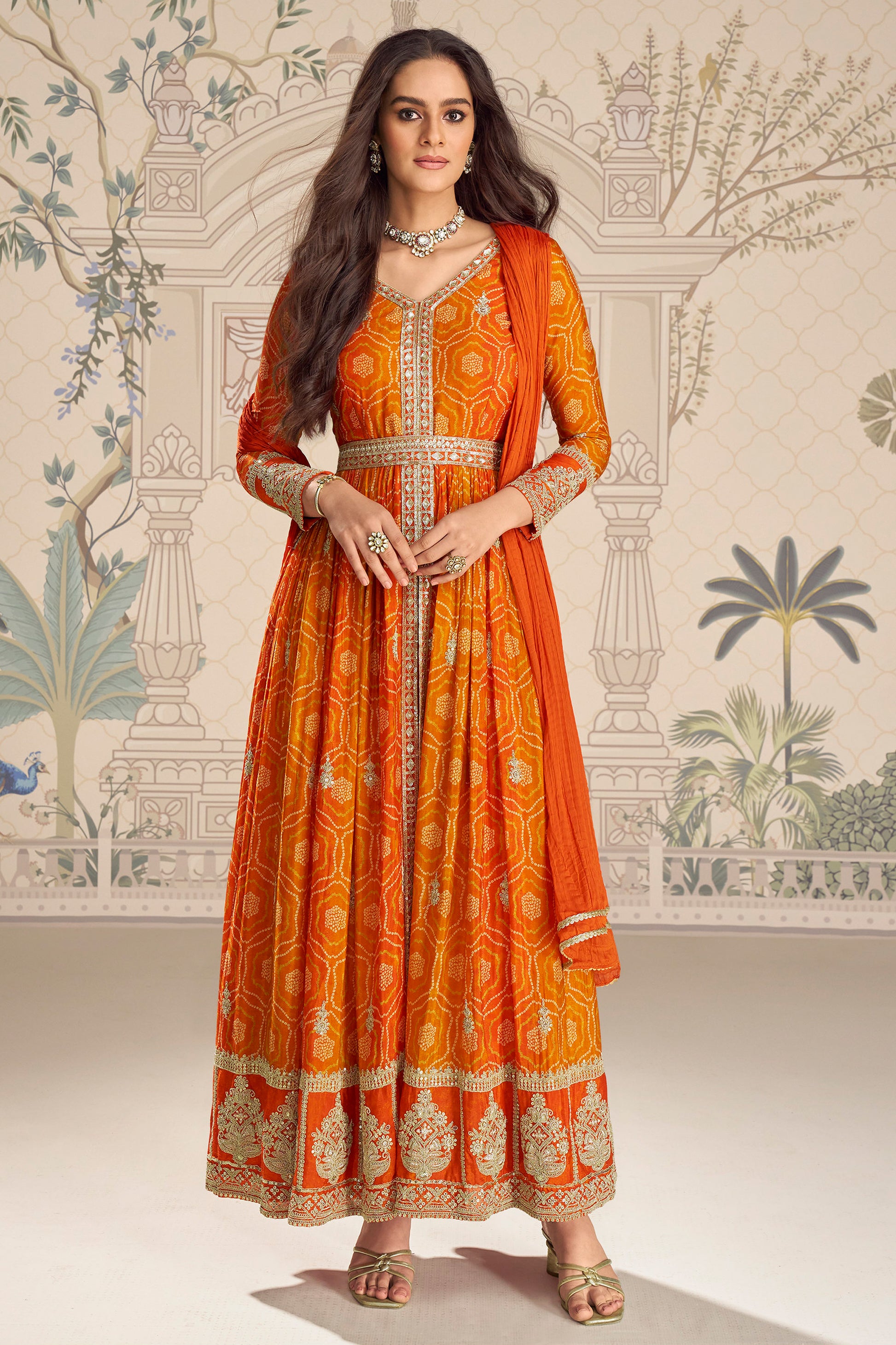 Orange anarkali dress front view with embroidery