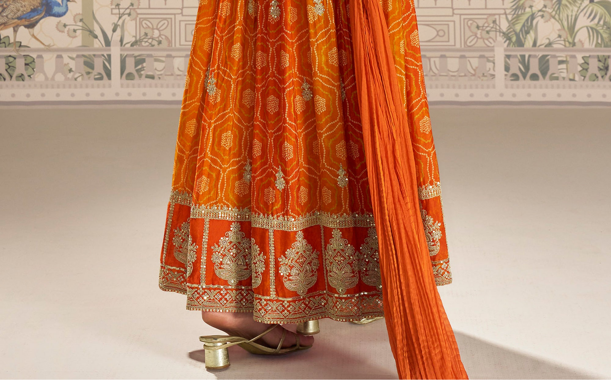Orange embroidered anarkali dress close up detail