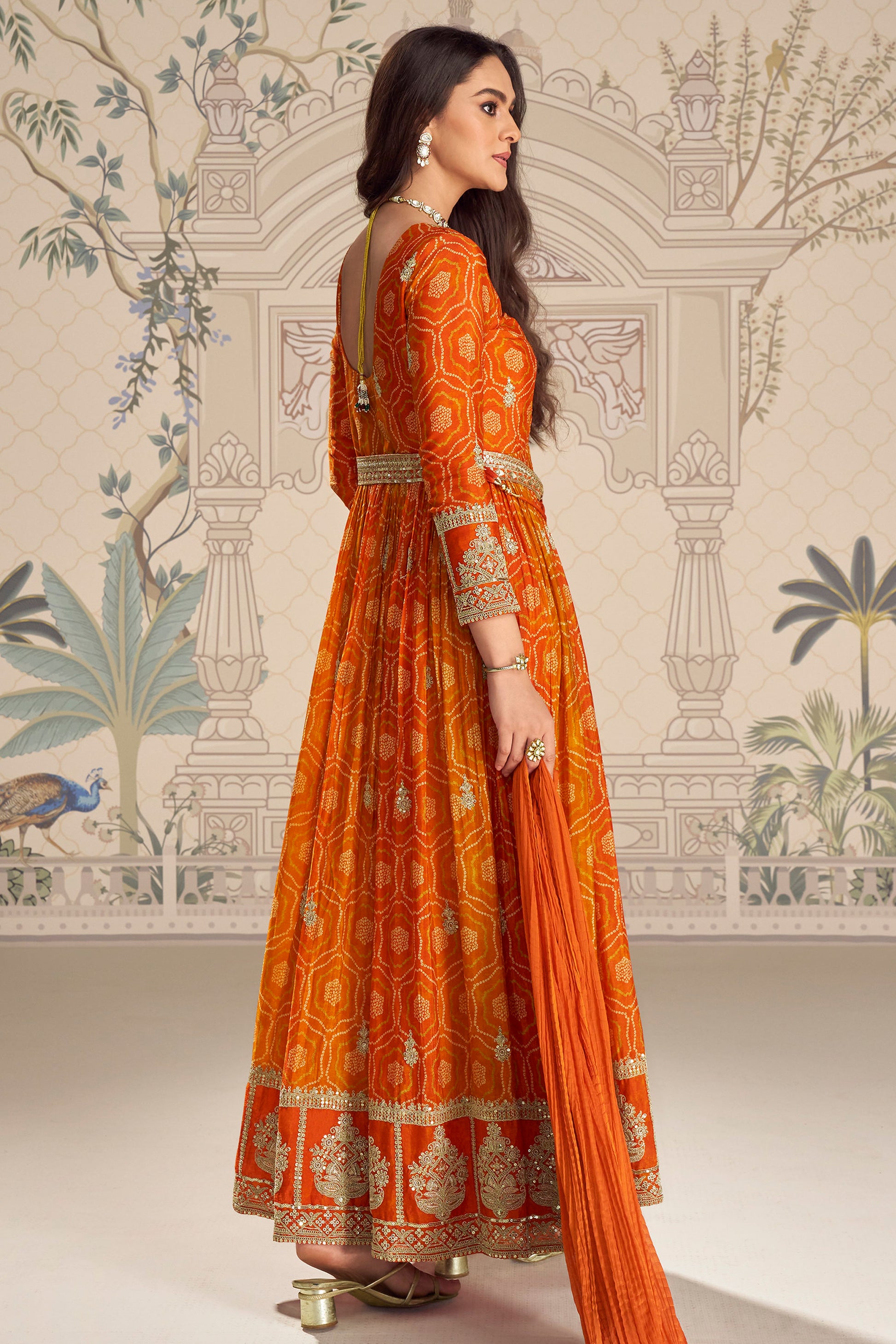 Orange anarkali side angle showing flare