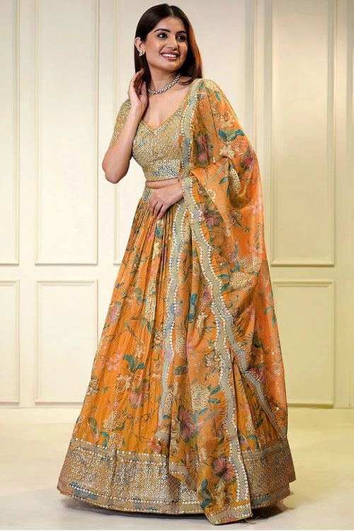 orange chaniya choli front view with floral sequins embroidery