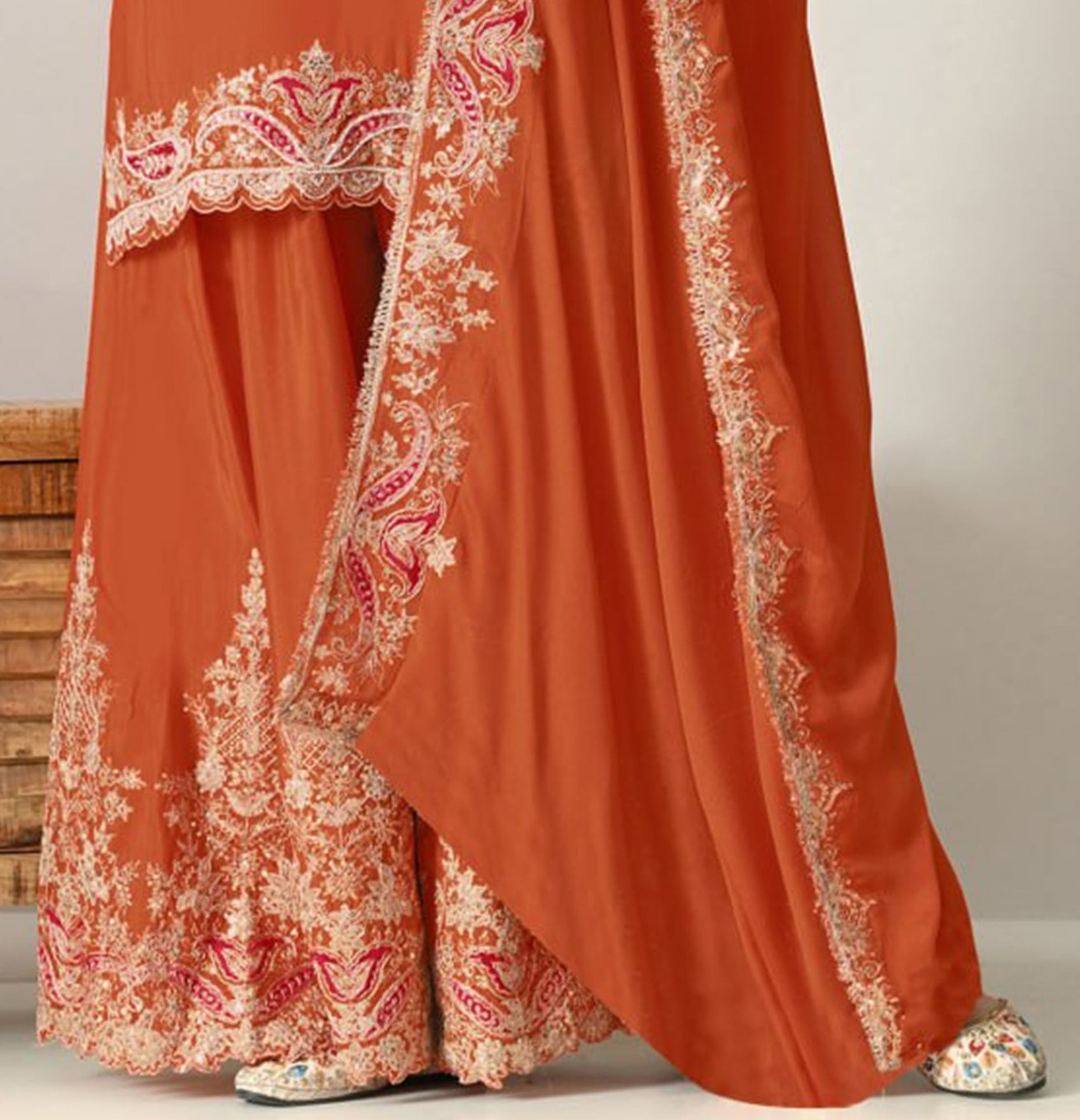 Orange palazzo with Embroidered and Khatli Work for wedding celebrations