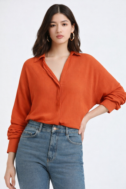 Orange shirt front view in crepe fabric for office wear