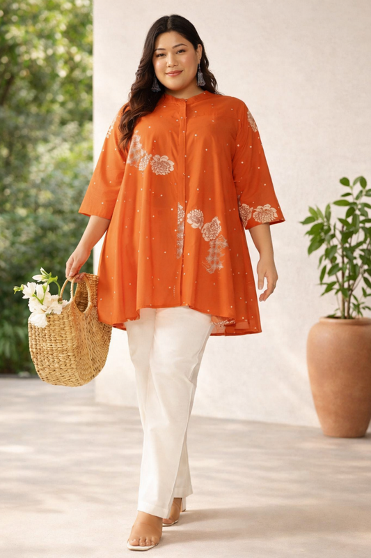 Plus size orange printed cotton top front view
