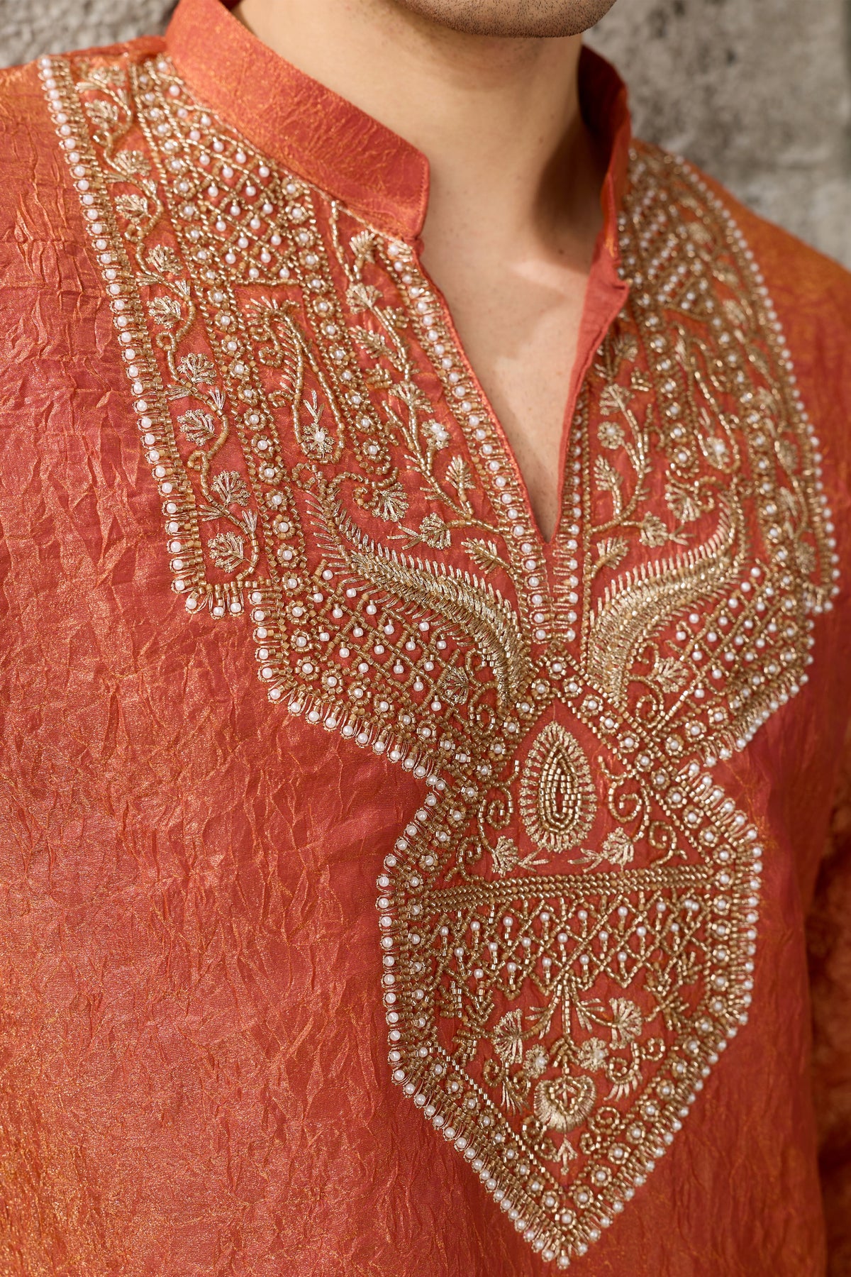 Orange modern kurta for men with embroidery