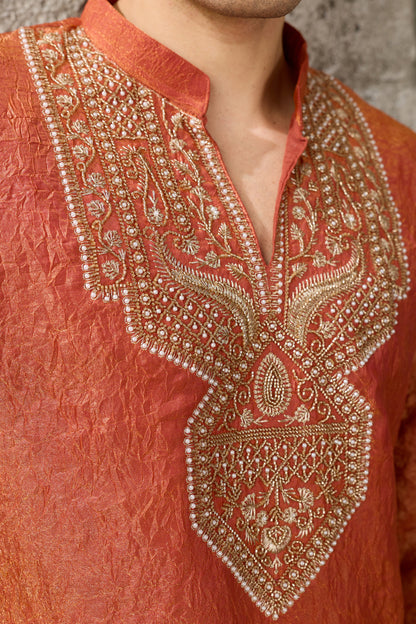 Orange modern kurta for men with embroidery