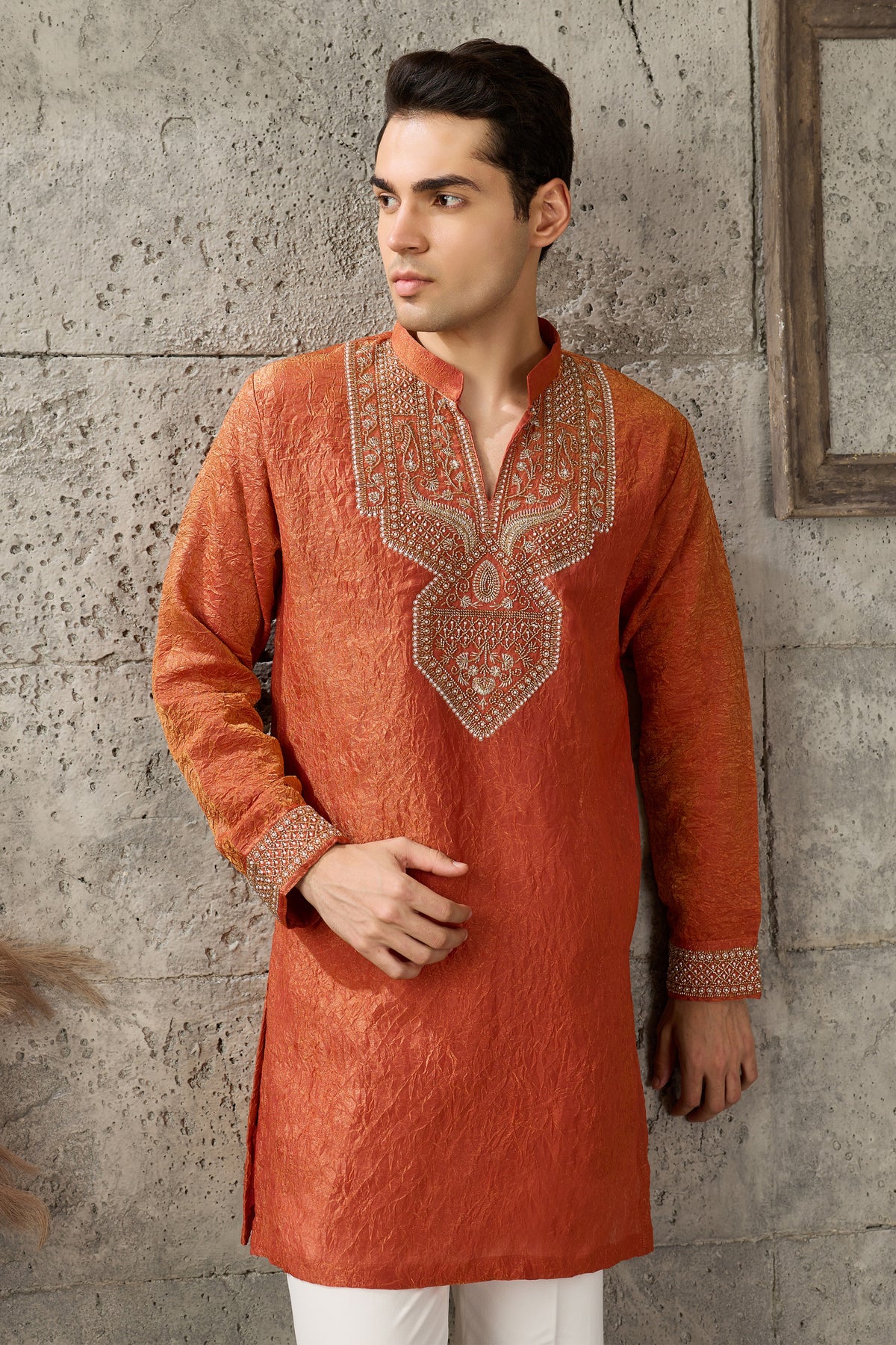 Orange crush tissue kurta fabric detail