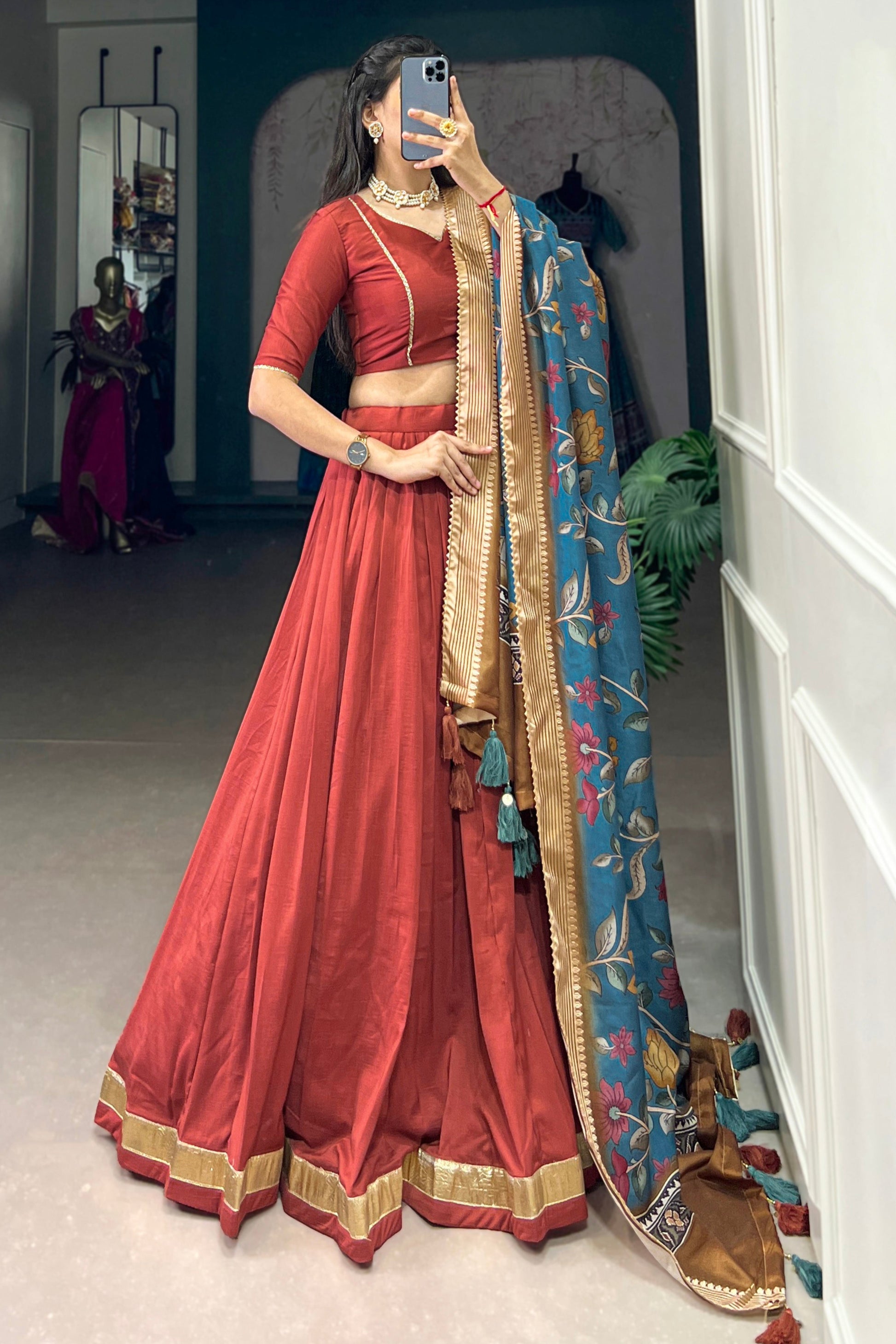 Wedding guest lehenga choli in orange full outfit look