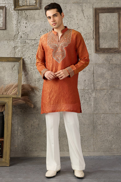 Orange Indian traditional wear men front view