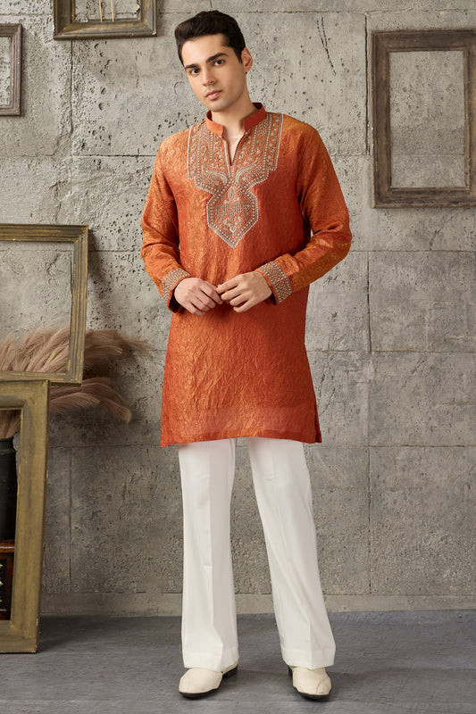 Orange Indian traditional wear men front view