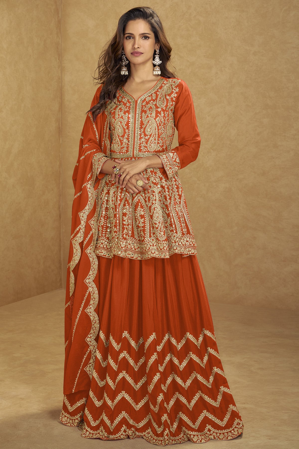 Orange Pakistani Plazzo Dress front view with embroidered top and dupatta