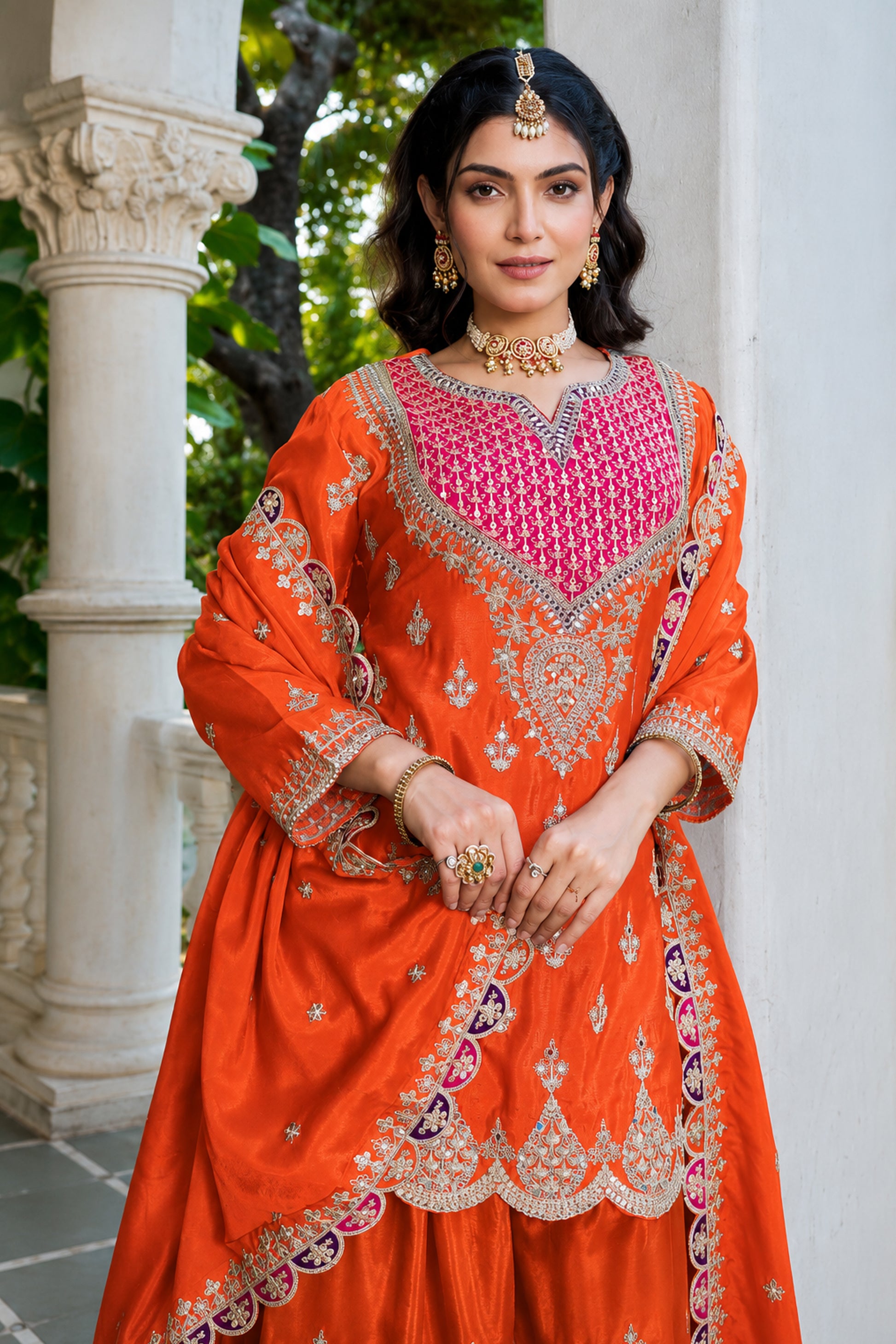 Woman Wearing Orange Palazzo With Embroidered Chinon Fabric