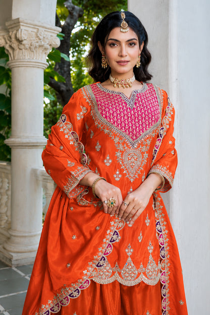 Woman Wearing Orange Palazzo With Embroidered Chinon Fabric