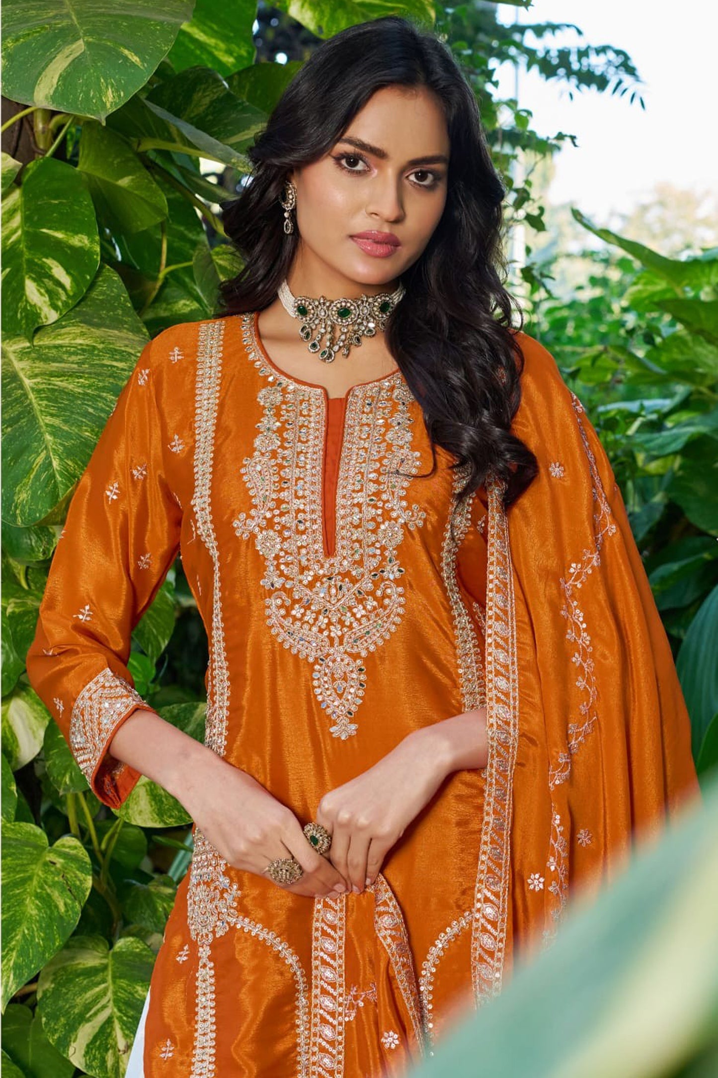 Orange Palazzo Outfit With Jari Sequence Detailing