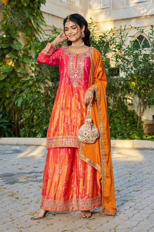 Back view of Orange Palazzo Suit showing full work detail