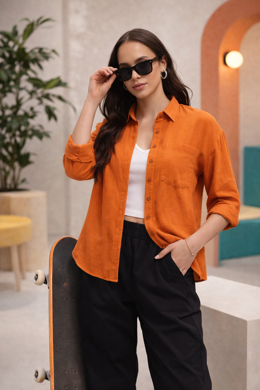 Orange shirt front view with clean button-down design