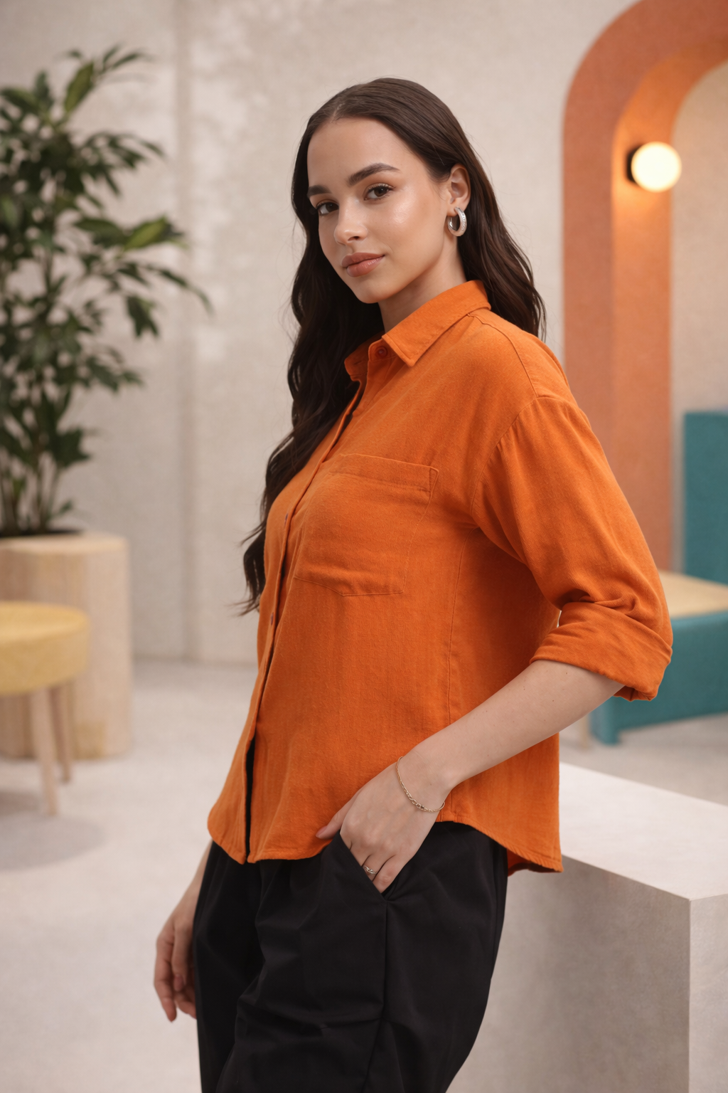 Everyday orange shirt paired for workwear look