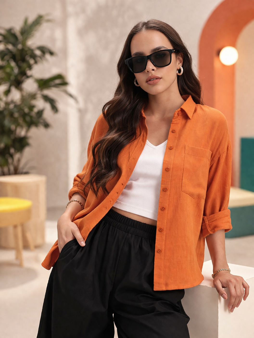 Casual shirts for women orange shirt styled with trousers