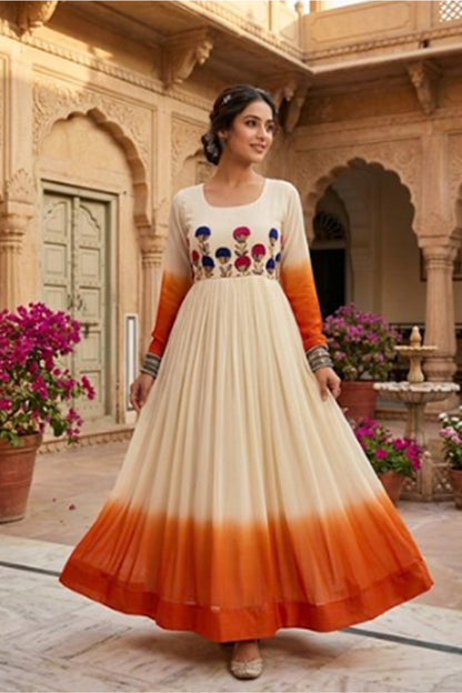 Orange Georgette Gown with Embroidery Woolen Thread Work