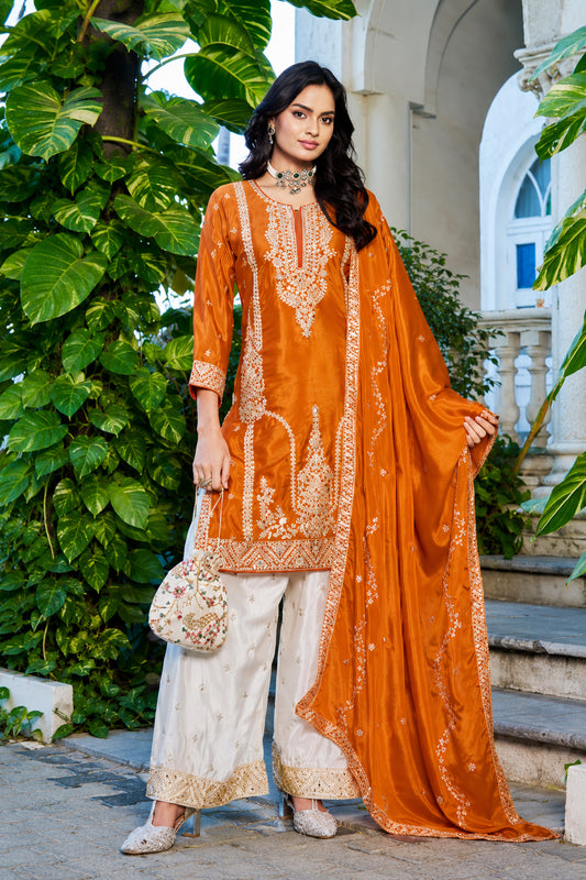Orange Wide Leg Pants With Chinon Fabric And Dori Work