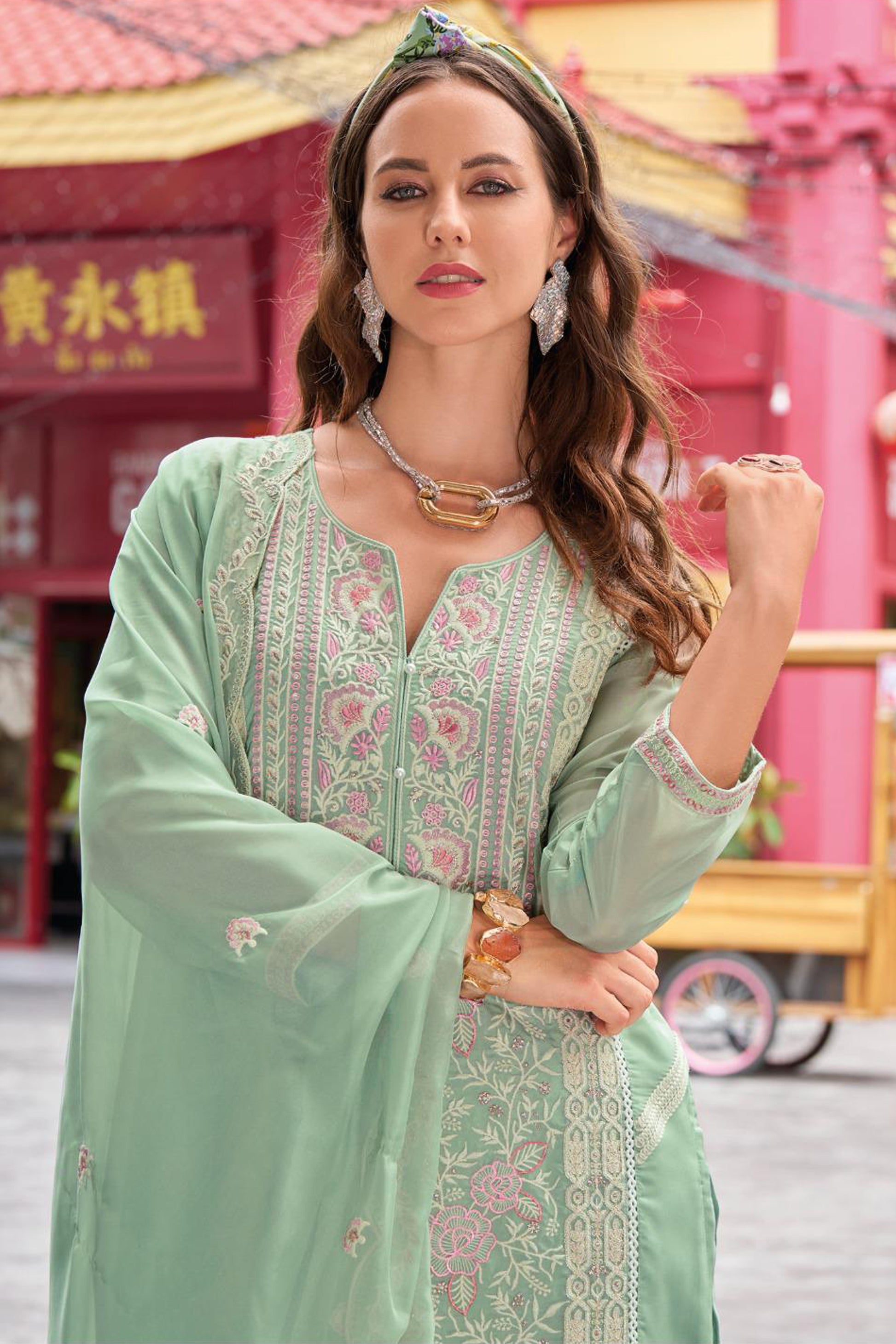 embroidered organza salwar suit detailed neckline