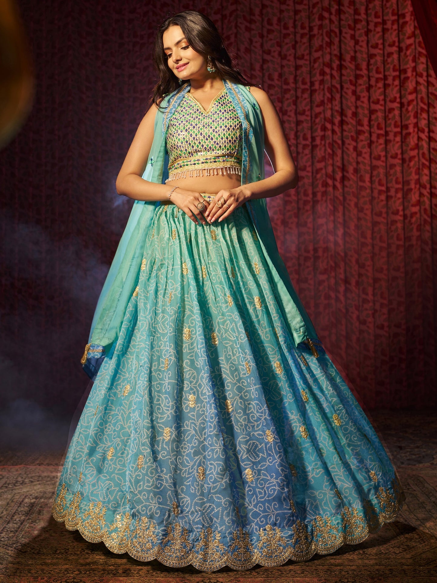 Sequins work detail on reception lehenga surface
