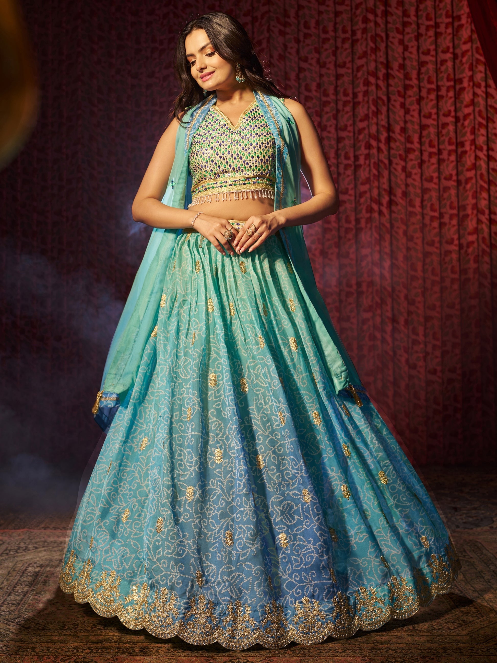 Sequins work detail on reception lehenga surface