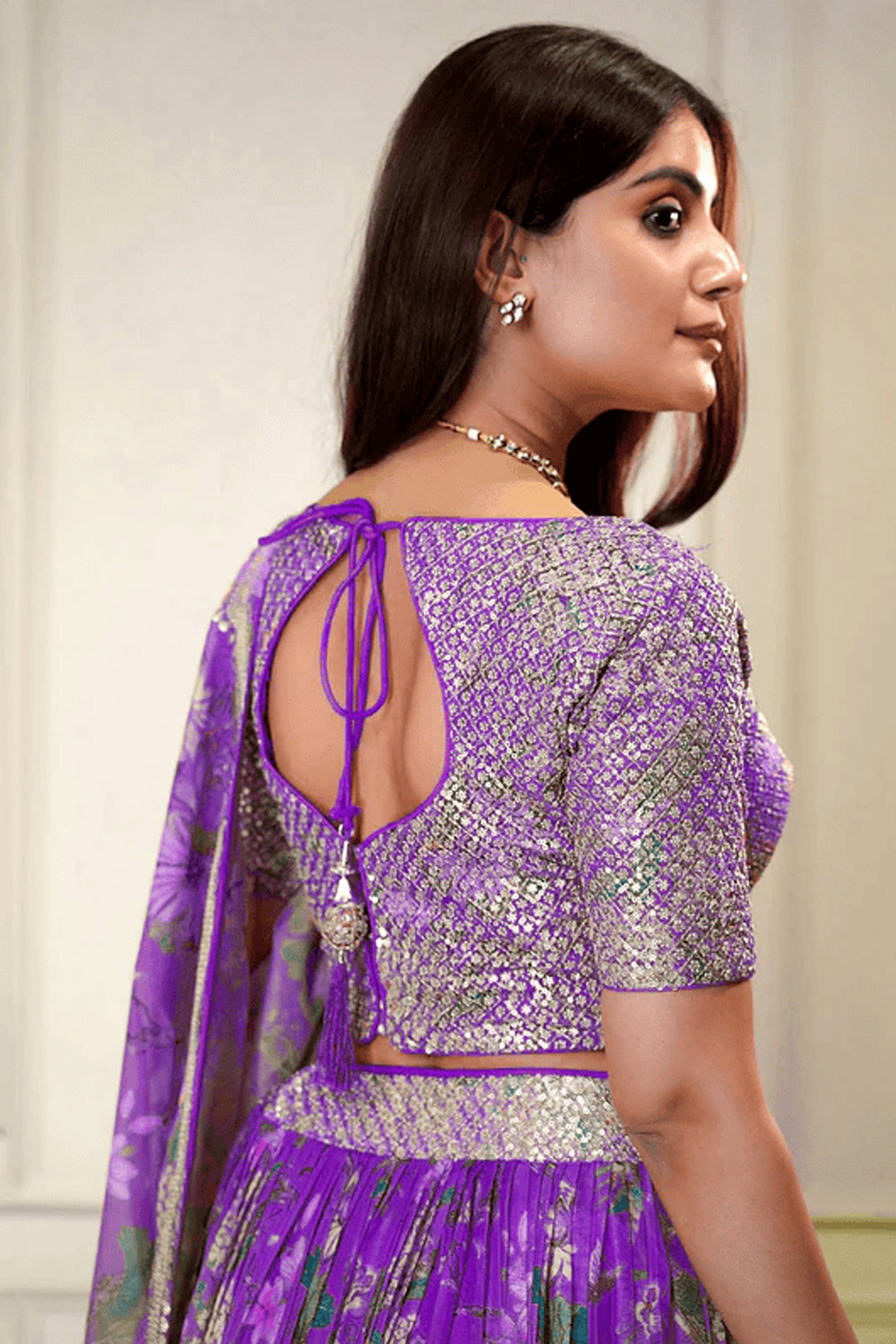 Detailed floral print pattern on organza lehenga skirt