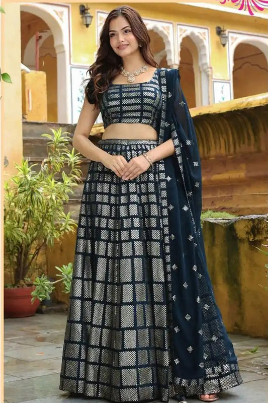 Navy blue festive lehenga choli with fluid drape