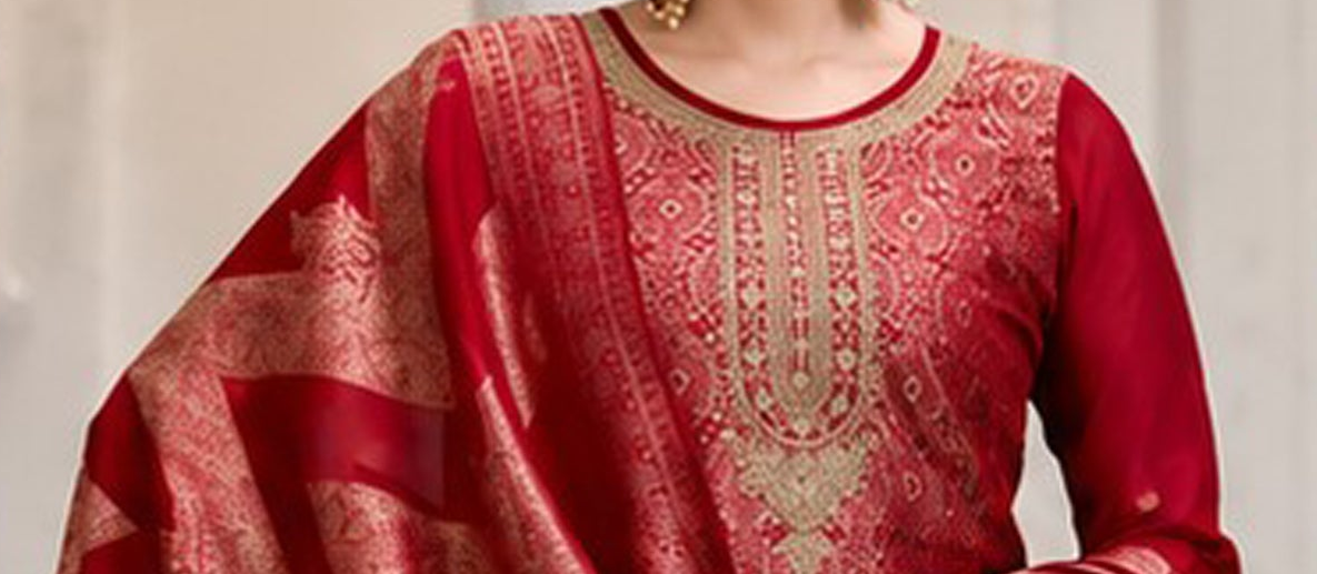 Back view of red ethnic salwar kameez dress with dupatta drape