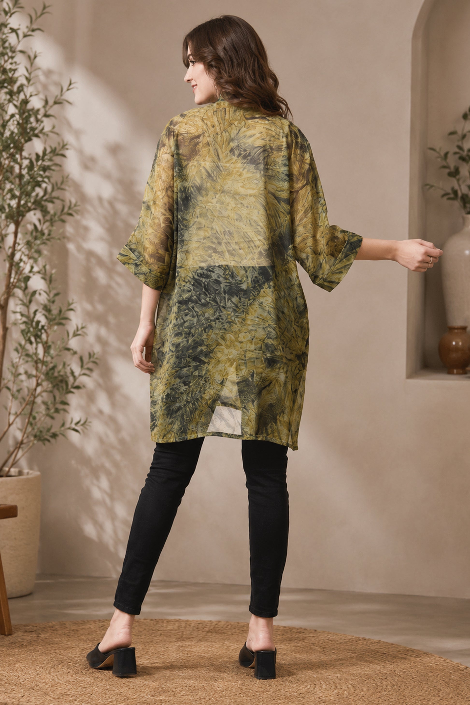 Casual olive green tunic with patchwork neckline detail