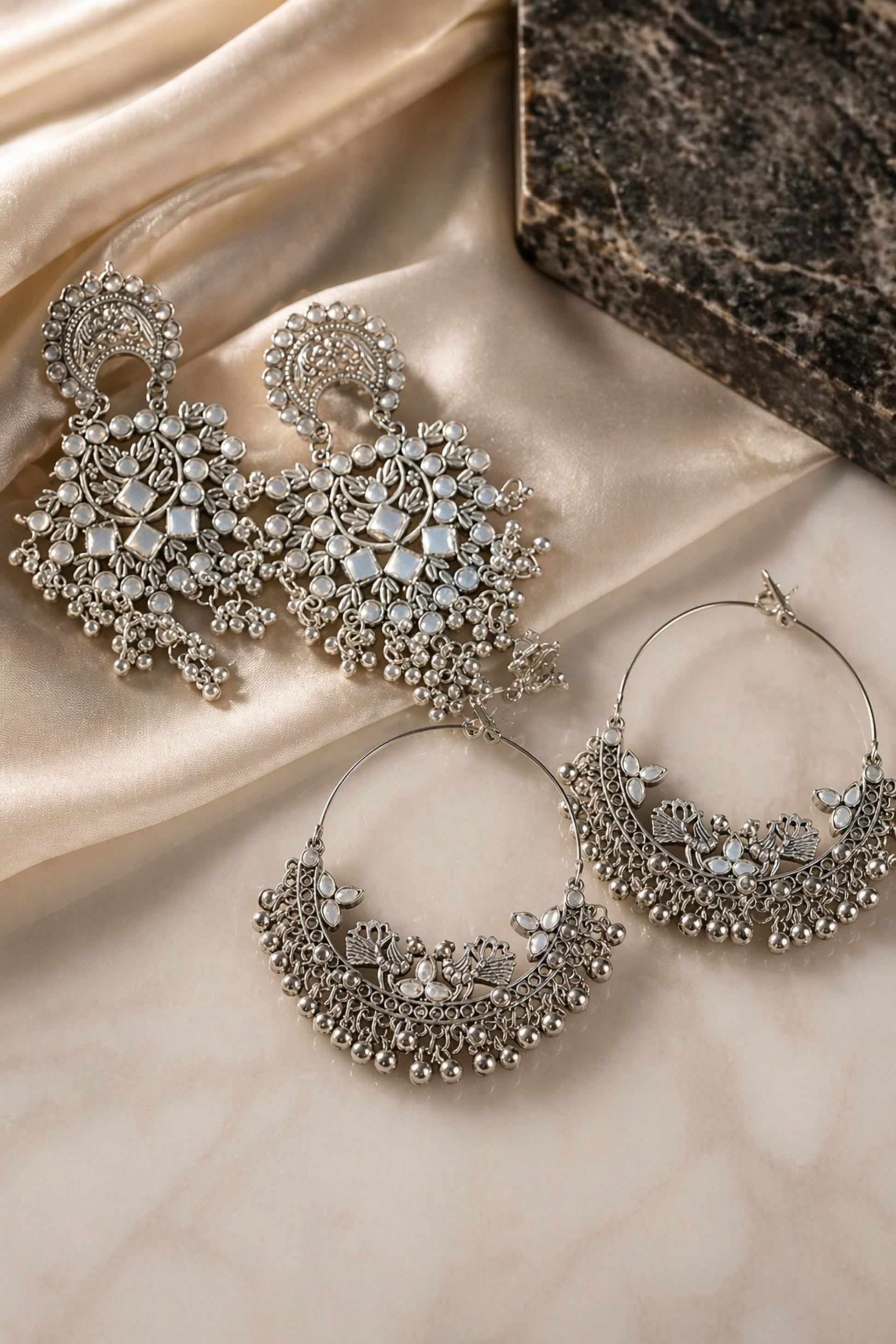 luxury oxidized silver earrings in box

